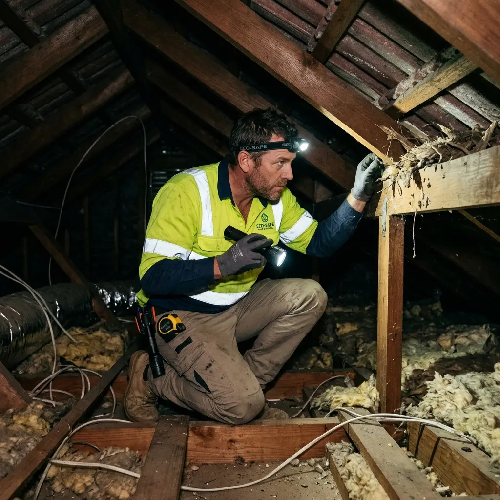 Technician inspecting a roof cavity for a dead animal in Golden Point