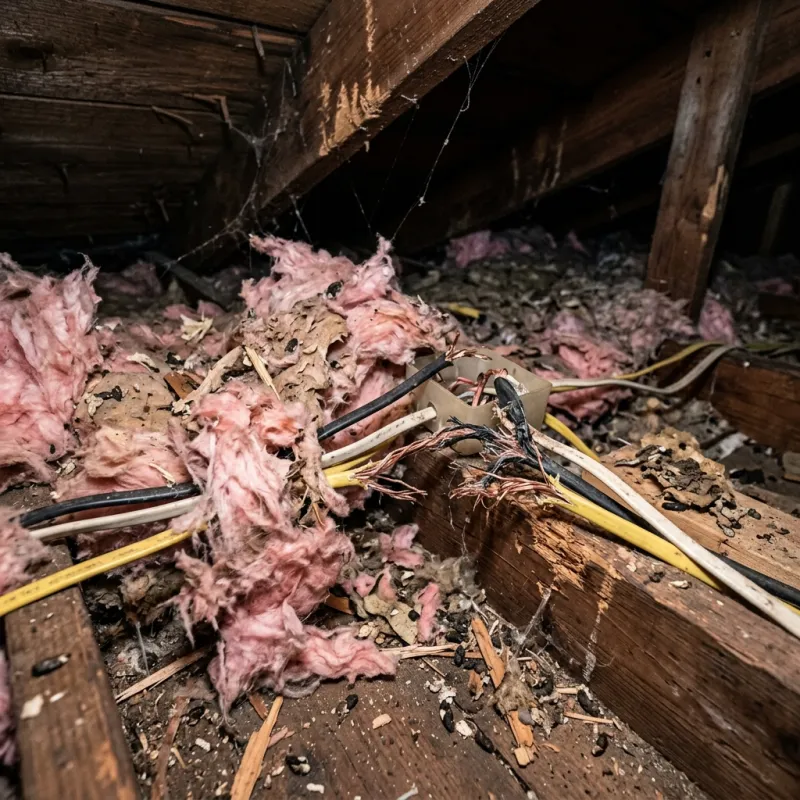 Contaminated ceiling insulation being assessed in a Golden Point roof space