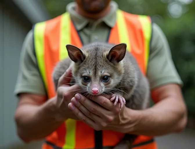 Animal handler safely recovering a deceased possum in Golden Point