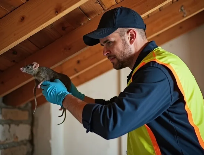 Technician inspecting a roof cavity for a dead rat in Golden Point